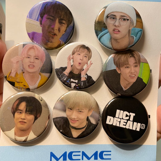 NCT Dream meme buttons. Mark, Renjun, Jeno, Haechan, Jaemin, Chenle, and Jisung funny faces on bottons.