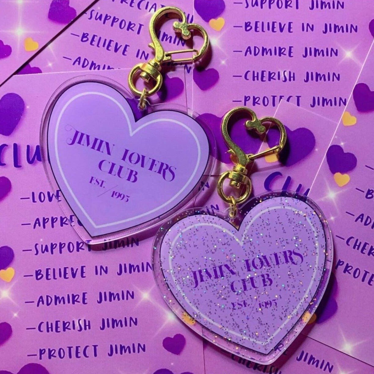 JIMIN Lovers Club Keychain - MilkBunn Co. Jimin from BTS inspired keychain. Purple glitter and clear acrylic heart keychain