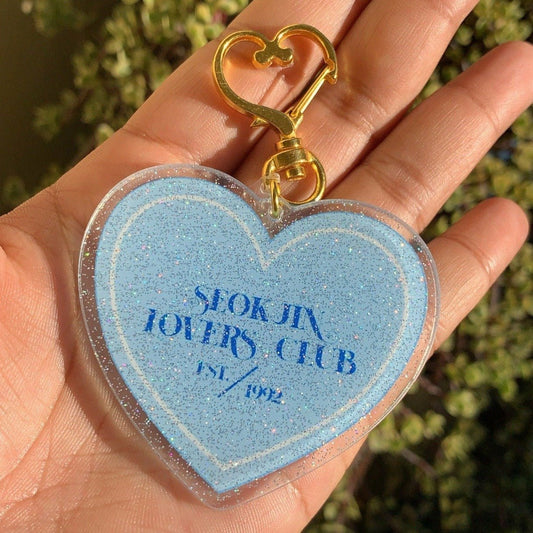 JIN Lovers Club Keychain - MilkBunn Co. Jin from BTS inspired keychain. Blue glitter acrylic heart shaped keychain.