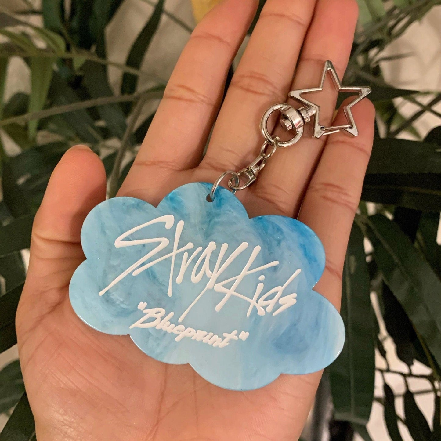 SKZ Blueprint Keychain - MilkBunn Co. Stray Kids Blueprint inspired keychain. Cloud shaped, blue marble finish. Back view.