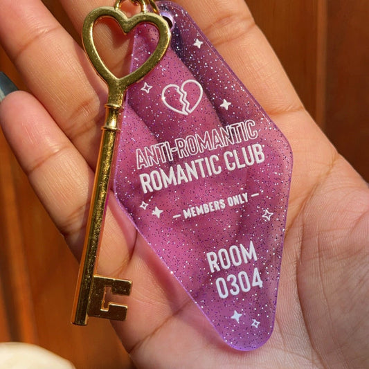TXT Anti-Romantic Club Keychain - MilkBunn Co. Tomorrow x Together inspired merch. Purple glitter keychain, gold key charm.