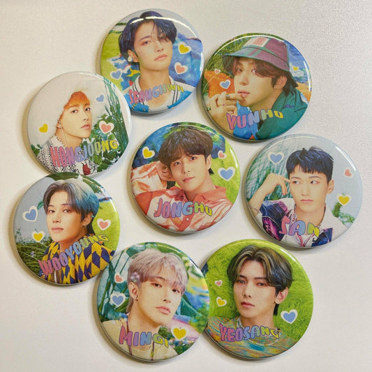 ATEEZ Eternal Sunshine Buttons - MilkBunn Co. Hongjoong, Seonghwa, Yunho, Yeosang, San, Mingi, Wooyoung, and Jongho.