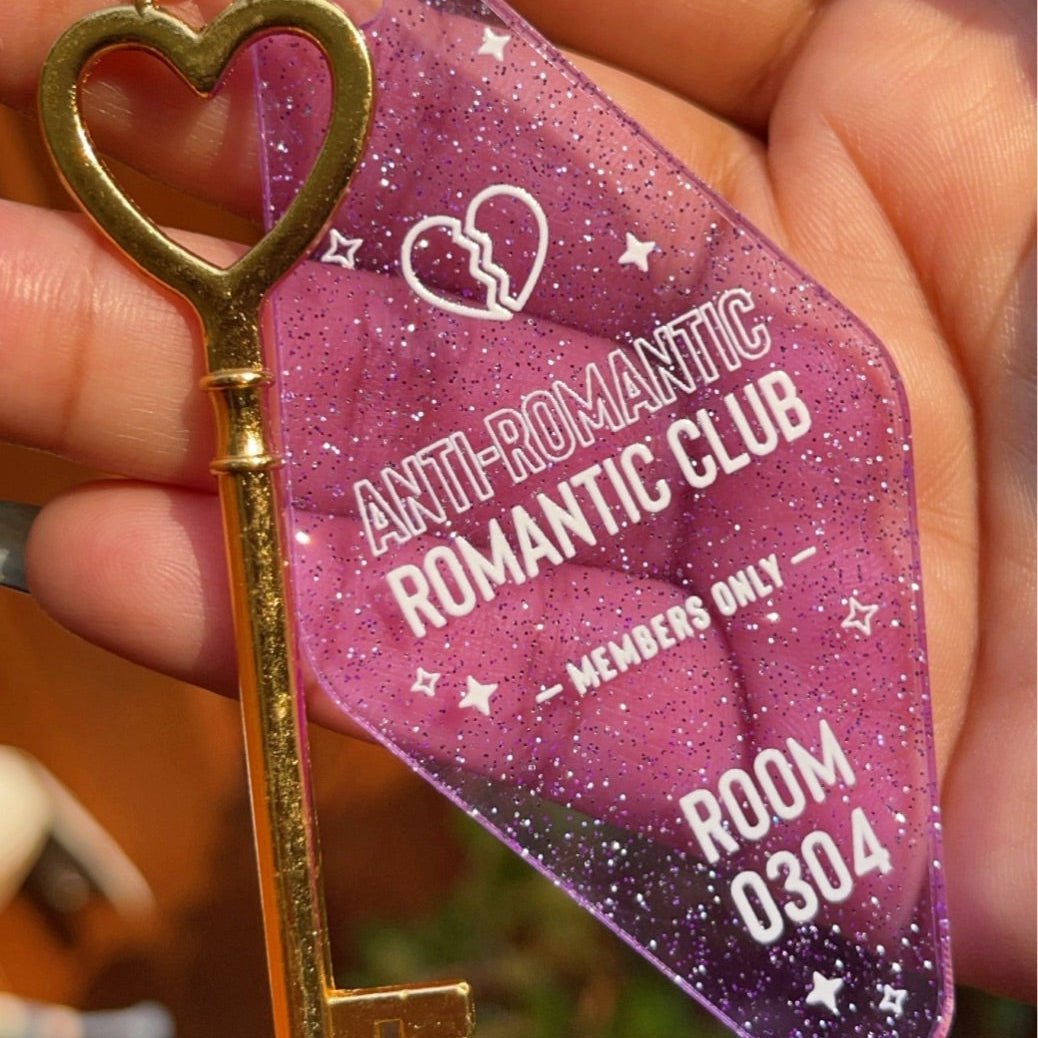TXT Anti-Romantic Club Keychain - MilkBunn Co. Tomorrow x Together inspired merch. Purple glitter keychain, gold key charm.